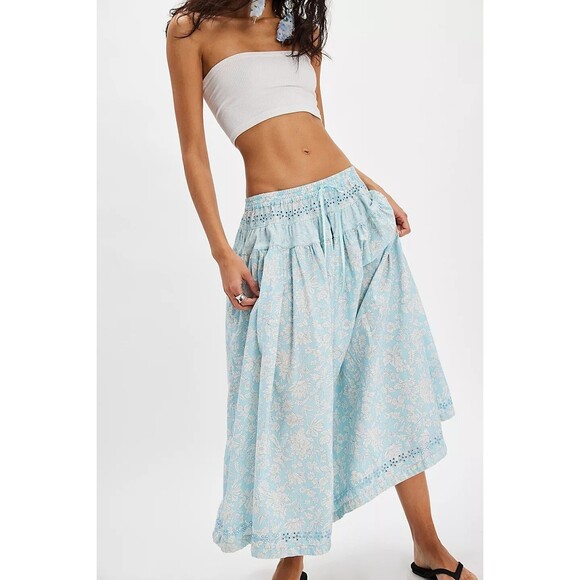 Free People Gesibelle Printed Maxi Skirt Eyelet Embroidered Cotton XS New 279849 - Picture 2 of 8
